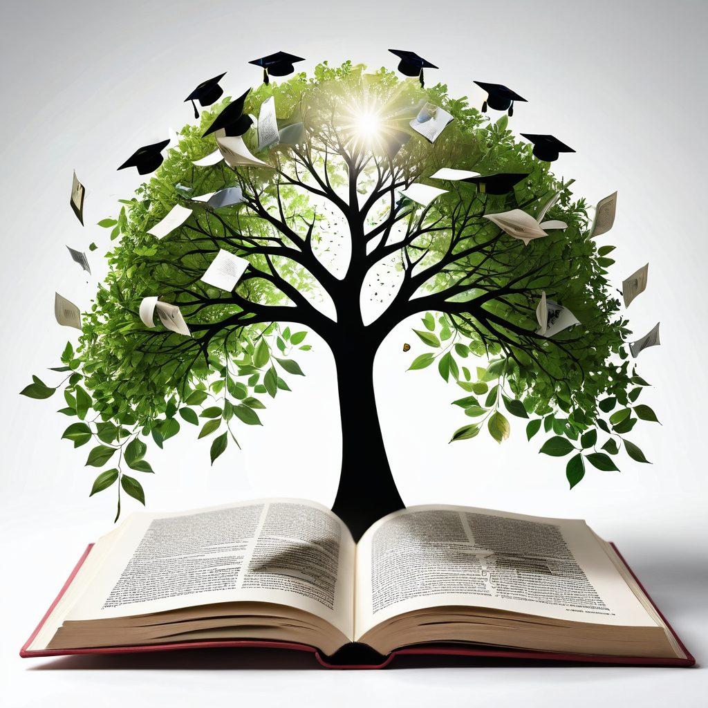 An open book with its pages transforming into a tree representing knowledge, surrounded by graduation caps and dollar bills symbolizing funding, with bright light illuminating the scene. A diverse group of students in the background, discussing and pointing towards a board filled with PhD programs. super-realistic. vibrant colors. white background.