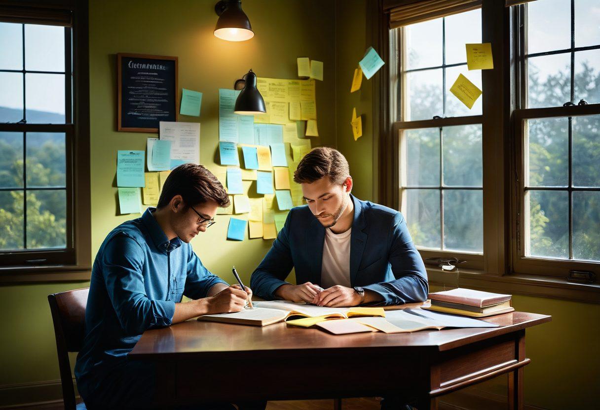 A serene scholar sitting at a desk surrounded by open books and a laptop, with a light bulb overhead symbolizing ideas and enlightenment. Include a wall filled with framed diplomas and a big window showing a bright future outside. Incorporate elements of motivation such as a coffee cup and sticky notes with inspirational quotes. blend shades of blues and greens for a calming effect. super-realistic. vibrant colors.